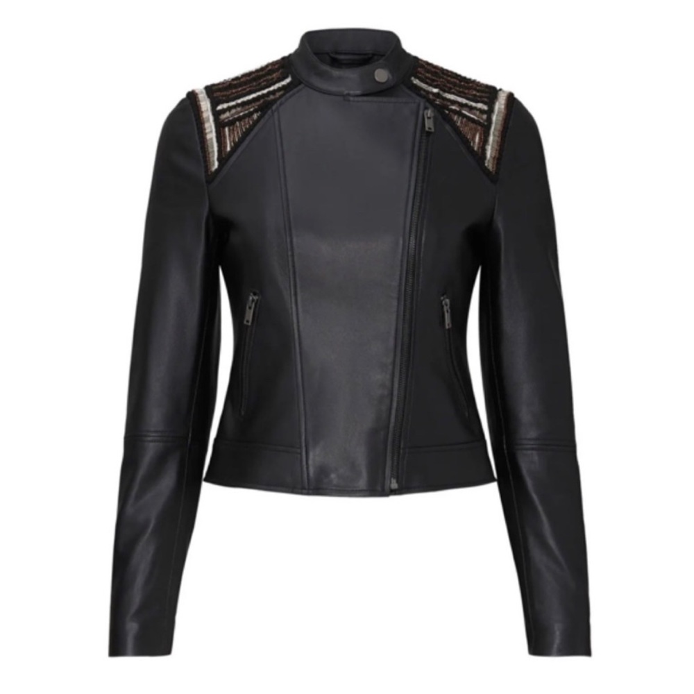 Slate and Willow beaded moto leather jacket Sz L